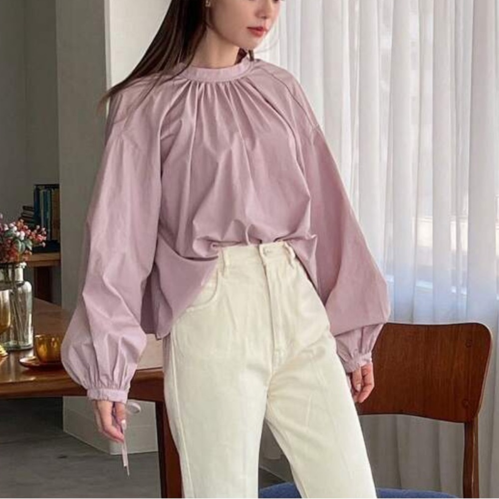 Pink puff sleeve poplin style tie neck top - Picture 3 of 6